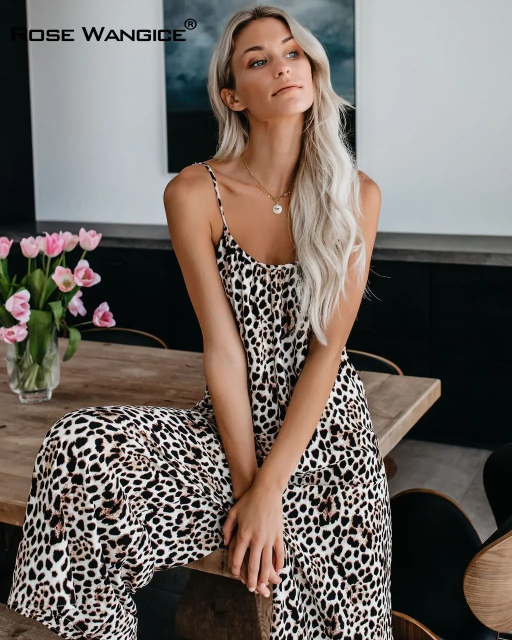 

Fashionable Halter with Leopard Print Loose Sexy Backless Sporty Casual Pants 2021 Women Clothing Summer Beach Wide Leg Jumpsuit