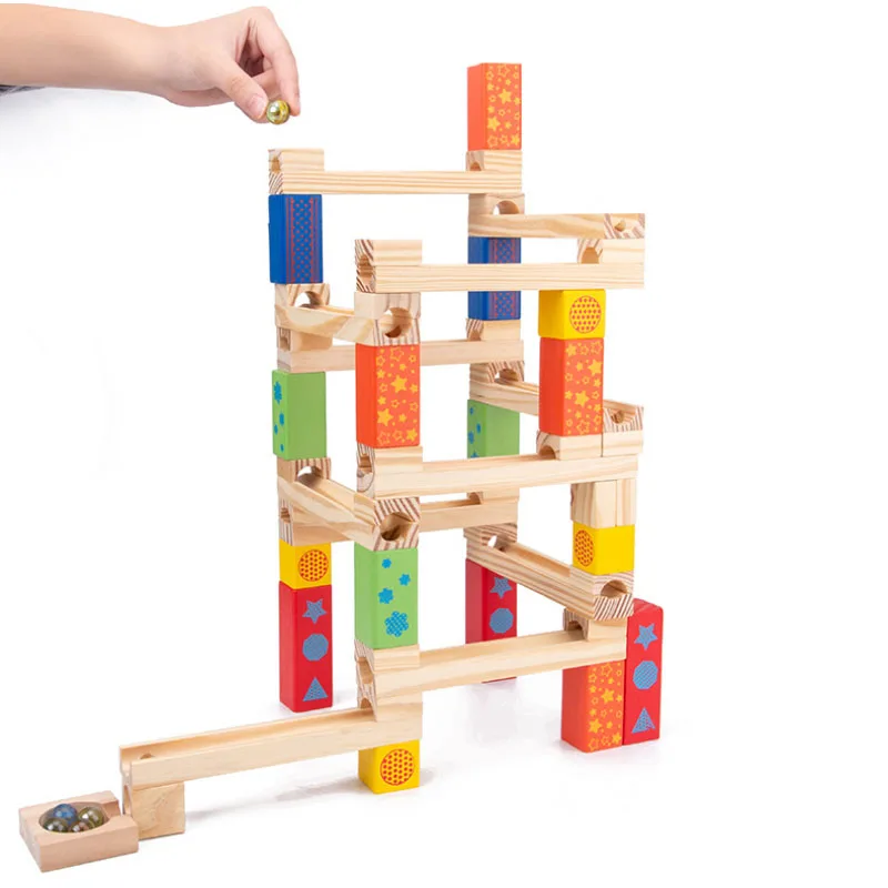 52PC Holz Marmor Verfolgen Blöcke kinder Pädagogisches Montiert DIY Bausteine Rohr Ball Spielzeug Kinder Geschenke