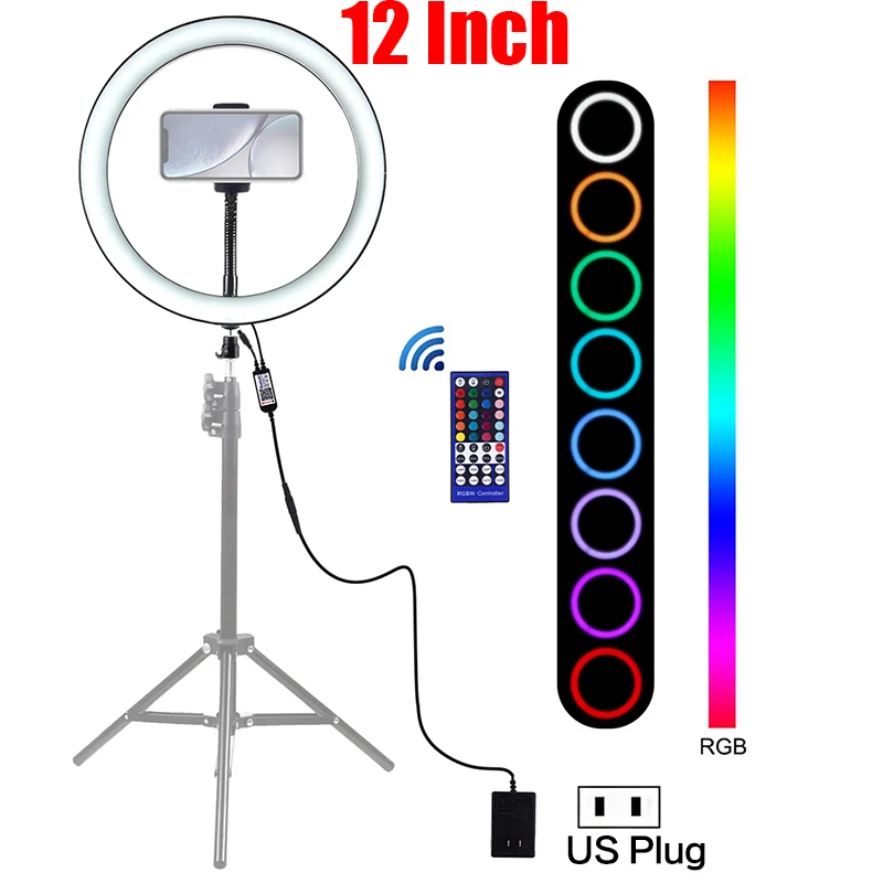 

Светодиодный кольцевой светильник для селфи, 12 дюймов, с регулируемой яркостью, RGB, светодиодный, кольцевой светильник для Youtube, видео, фотос...