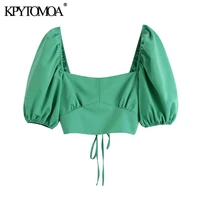 kpytomoa women 2021 fashion with elastic trims cropped blouses vintage short sleeve criss cross straps female shirts chic tops