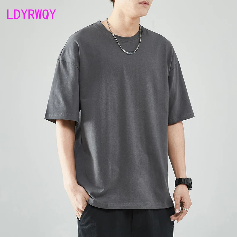 

LDYRWQY 2021 new summer Japanese and Korean fashion round neck solid color loose casual T-shirt men Polyester