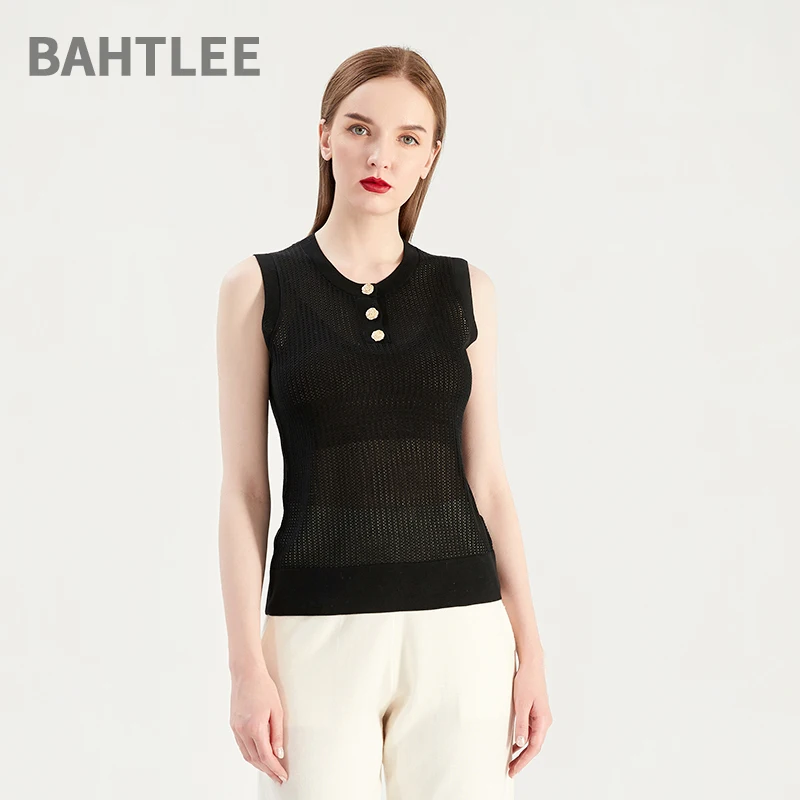 BAHTLEE Summer Women T-Shirt Tencel Sleeveless O-Neck Pullovers Button Sptriped  Knitted Sweaters Hollow Out Black And White