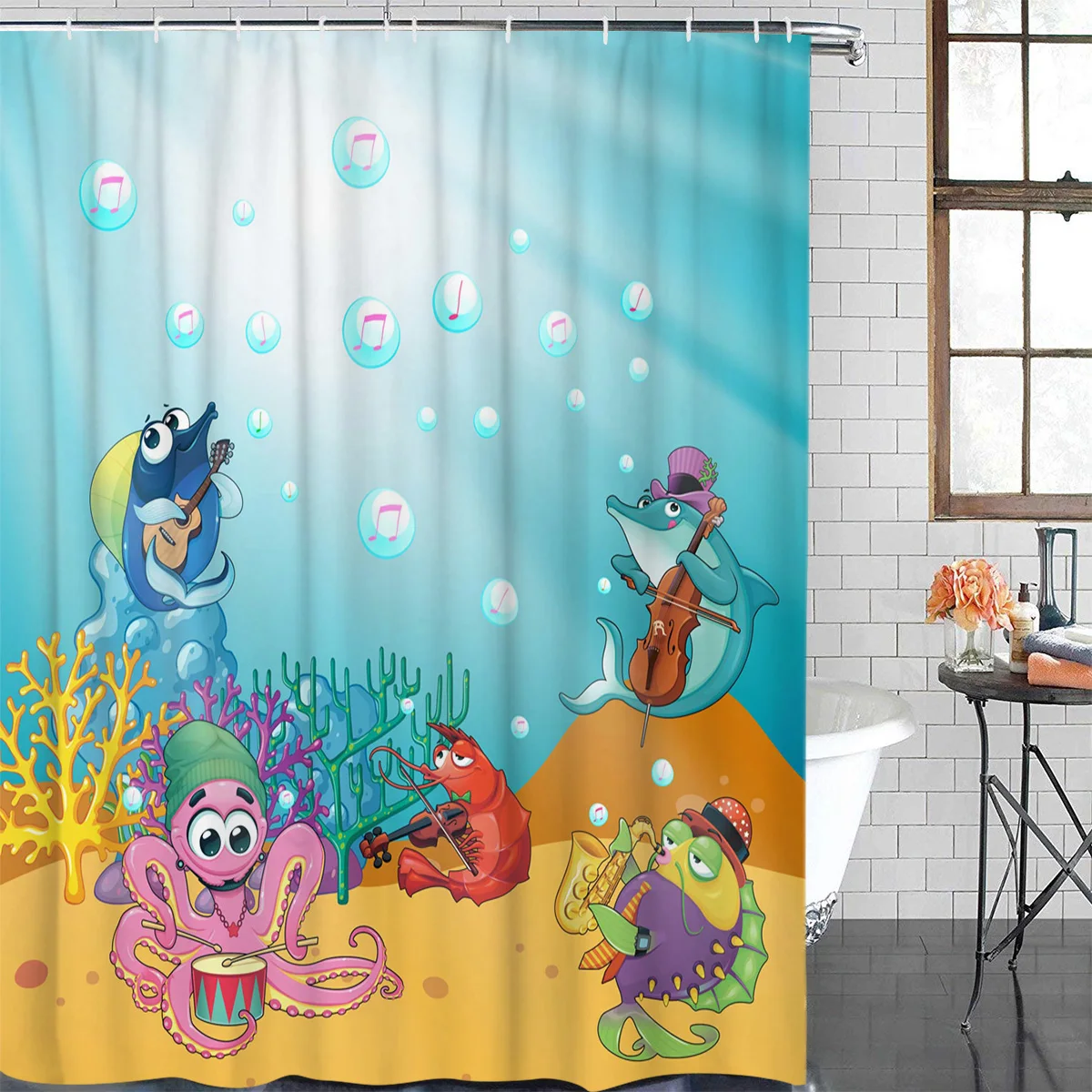 

Занавеска для ванной с мультяшным рисунком морских животных, занавеска для душа из водонепроницаемого полиэстера, декор для ванной комнаты