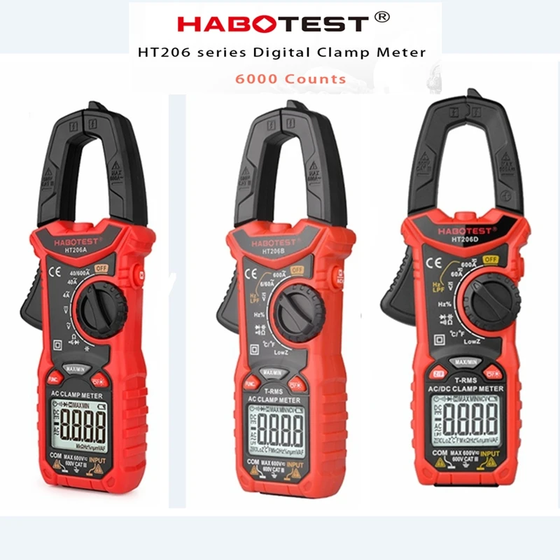 

HABOTEST Digital AC DC Clamp Meter 6000 Counts Voltage Current True RMS Capacitance NCV Ohm Hz Temp Tester Data Hold Multimeter