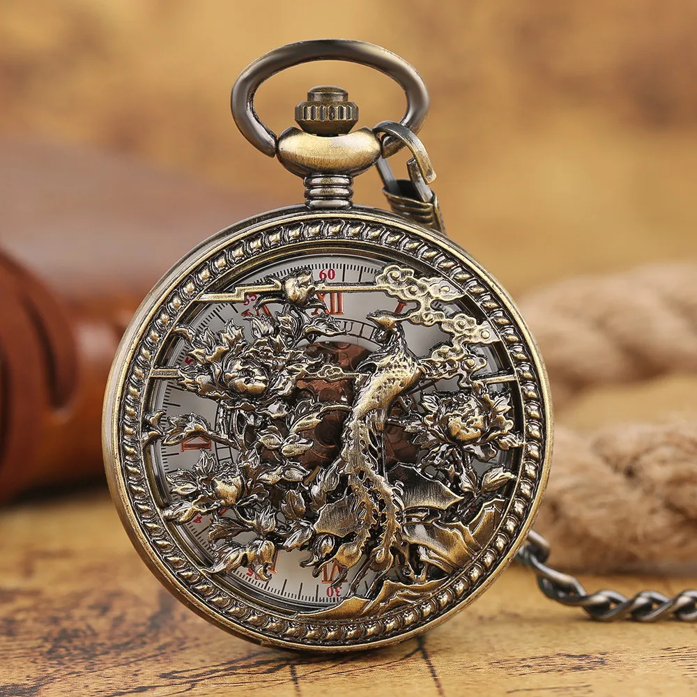 Bronze Hollow Auspicious Animals Design Automatic Mechanical Pocket Watch Luxury Elegant Vintage Self Winding Pendant Timepiece