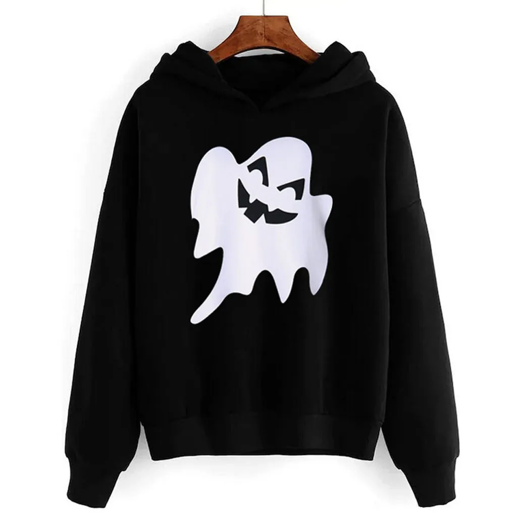 

Свитшот на Хэллоуин, Осень-зима, с принтом призрака, Повседневный пуловер с капюшоном, женские свободные толстовки с длинным рукавом в стиле...