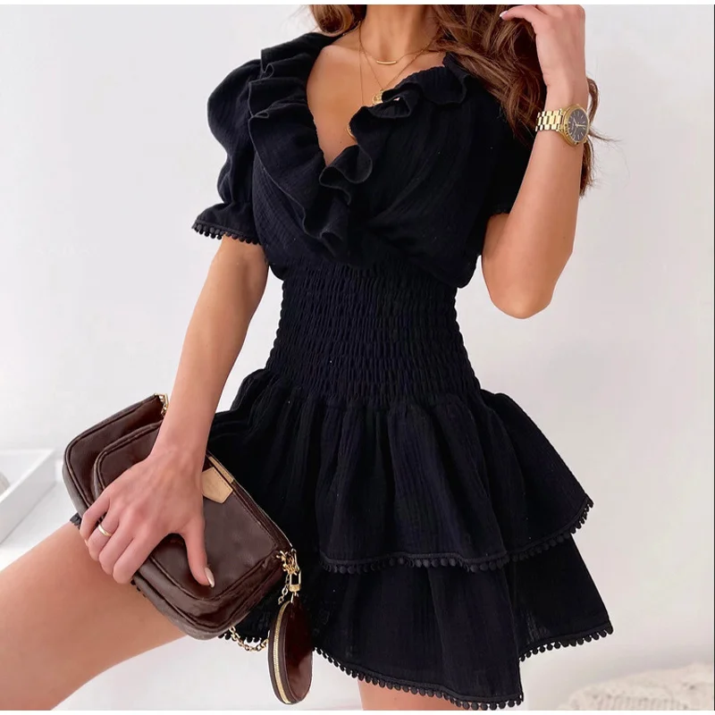 

Woman Sexy Black V-neck Ruffles Short-sleeve Dress Female Stylish Slim Waist Dresses Summer Office Lady 2021