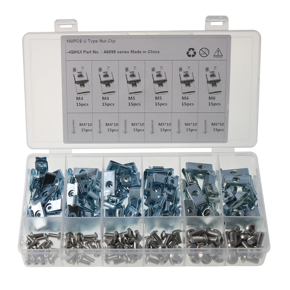 

180pcs M4 M5 M6 Clip Fastener Clamps Wear-Resistant Prevent Rust Breakage U-shaped Clamps with Screws Chimney Nuts Auto Parts