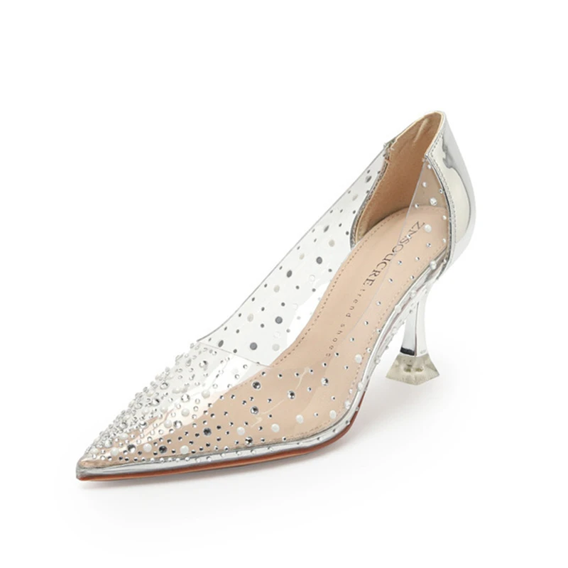 

Women's lace single shoes new crystal transparent high heels women's stiletto sexy pointed rhinestone single shoes