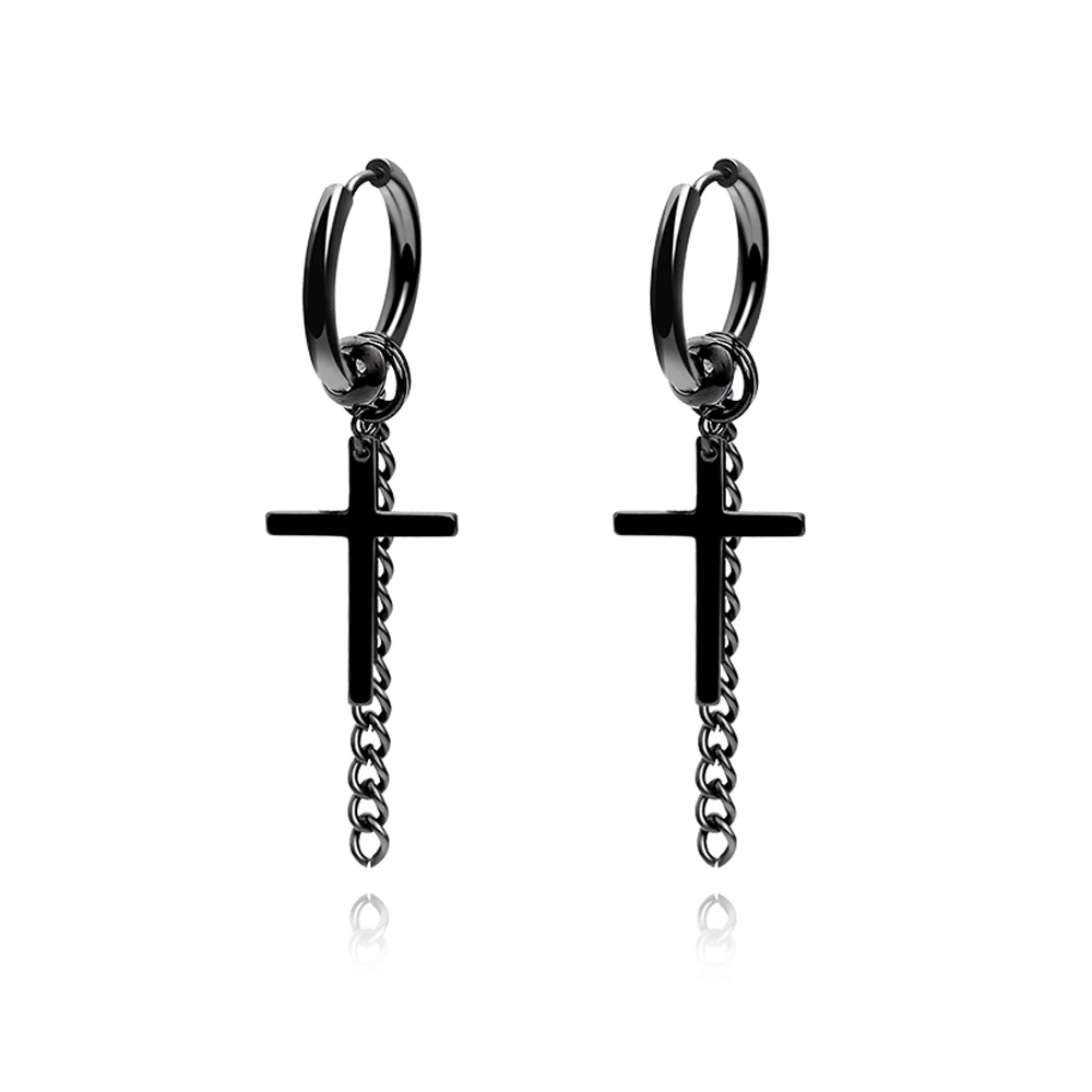 

Cool Cross Pendant Huggie Hoop Earrings Hip Hop Drop Earring with Long Chain
