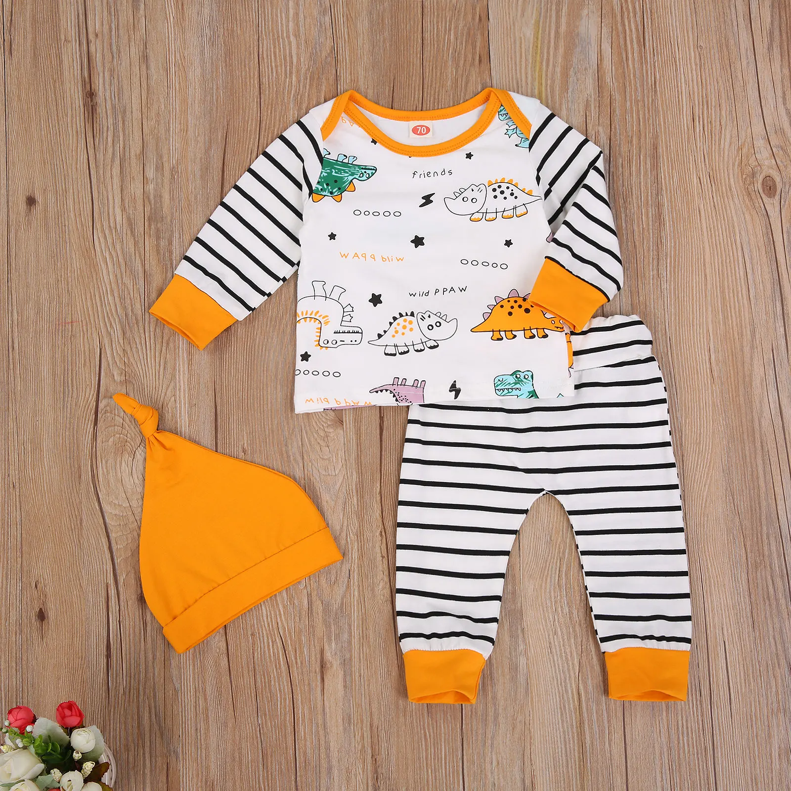 

New Born Babys 3-Piece Set Cartoon Dinosaur Stripe Print Long Sleeve Crew Neck Top Plaid Print +Lace-up Long Pants + Solid Hat