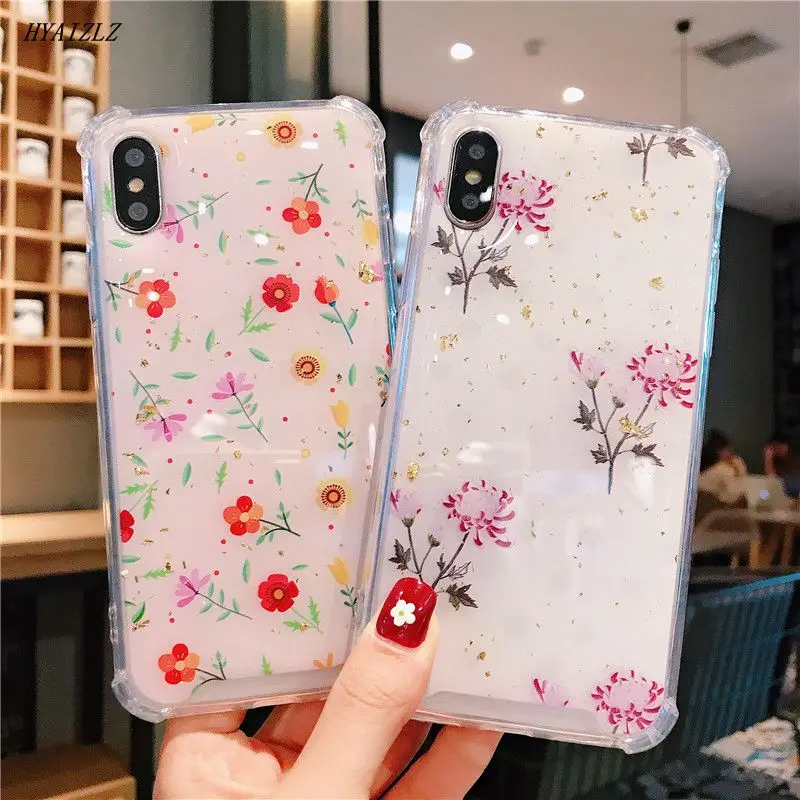 Four Corner Anti-fall Case for iPhone 6s 7 8 Plus 11 Pro Max XS XR X Drop Glue Flowe Hard Back Cover Clear Soft TPU Bumper Shell |