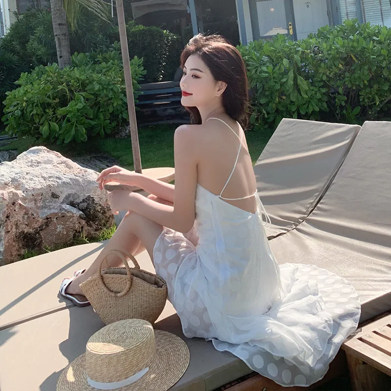 

#4011 White Beach Dress Women Backless Sexy Bohemian Dress Asymmetrical Spaghetti Strap Dress V Neck Polka Dot Midi Dress Summer