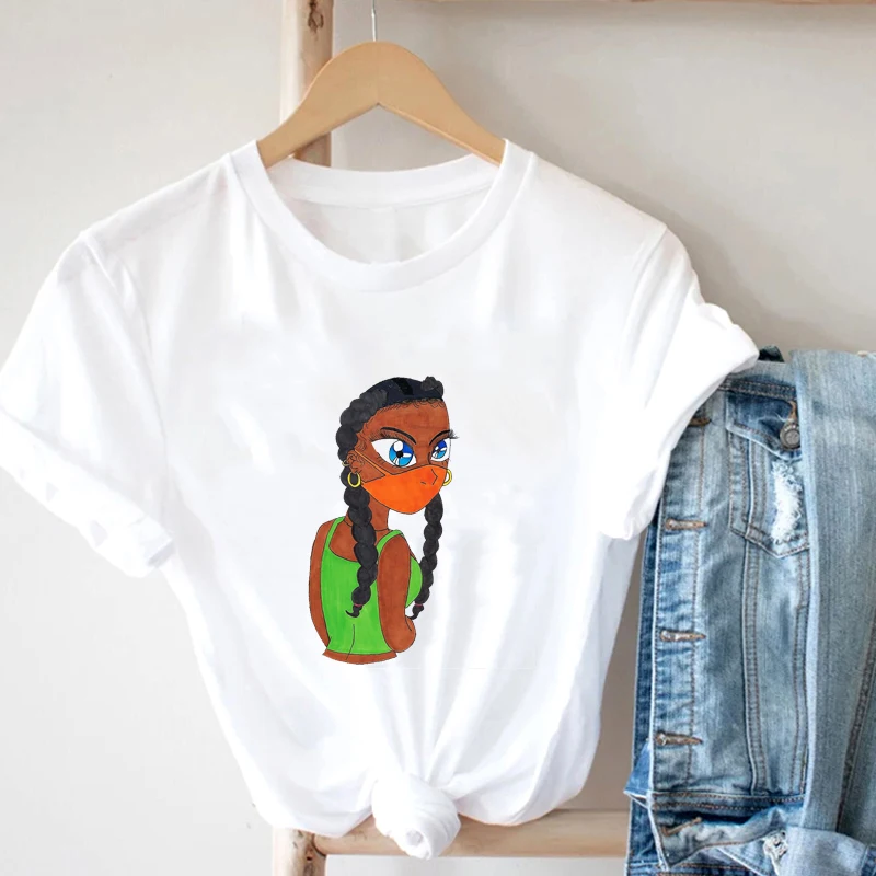 

Vogue Fashion Street Women T-Shirt Loose Shortsleeved Clothes Mask Horsetail Girl Printing Tshirt Casual Street Female Top