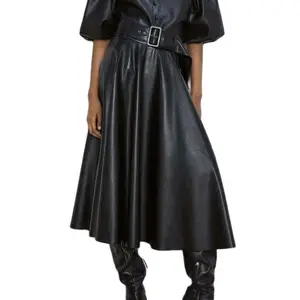 Юбка-макси Женская из искусственной кожи, черная, винно-красная, трапециевидная, до середины икры, с высокой талией, на осеньзиму, 2021