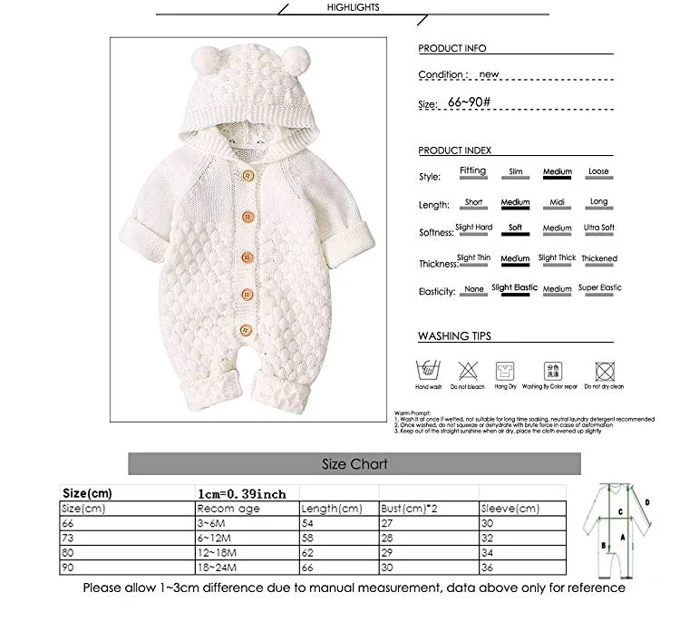 Трикотажный комбинезон с капюшоном для новорожденных свитер мальчиков и девочек