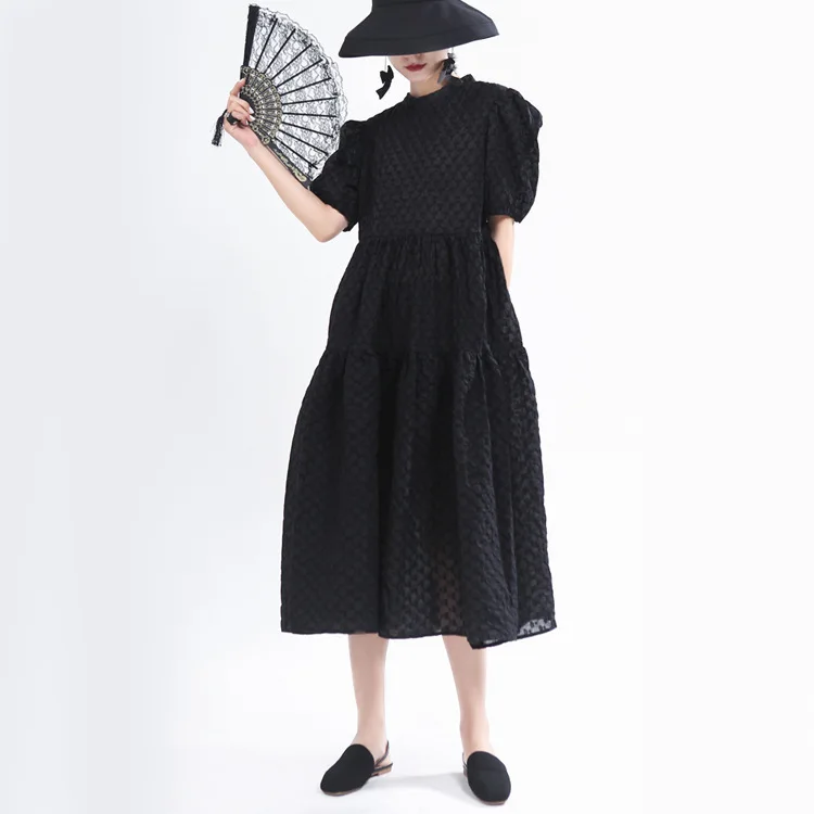 

2021 French Bubble Sleeve Dress Designer Embossed Texture Long Black Swimmer Dress Salt Sweet With Big Swing