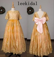 golden lace flower girls dress for wedding party jewel neck short sleeves v back full length cheap first communion dress custom