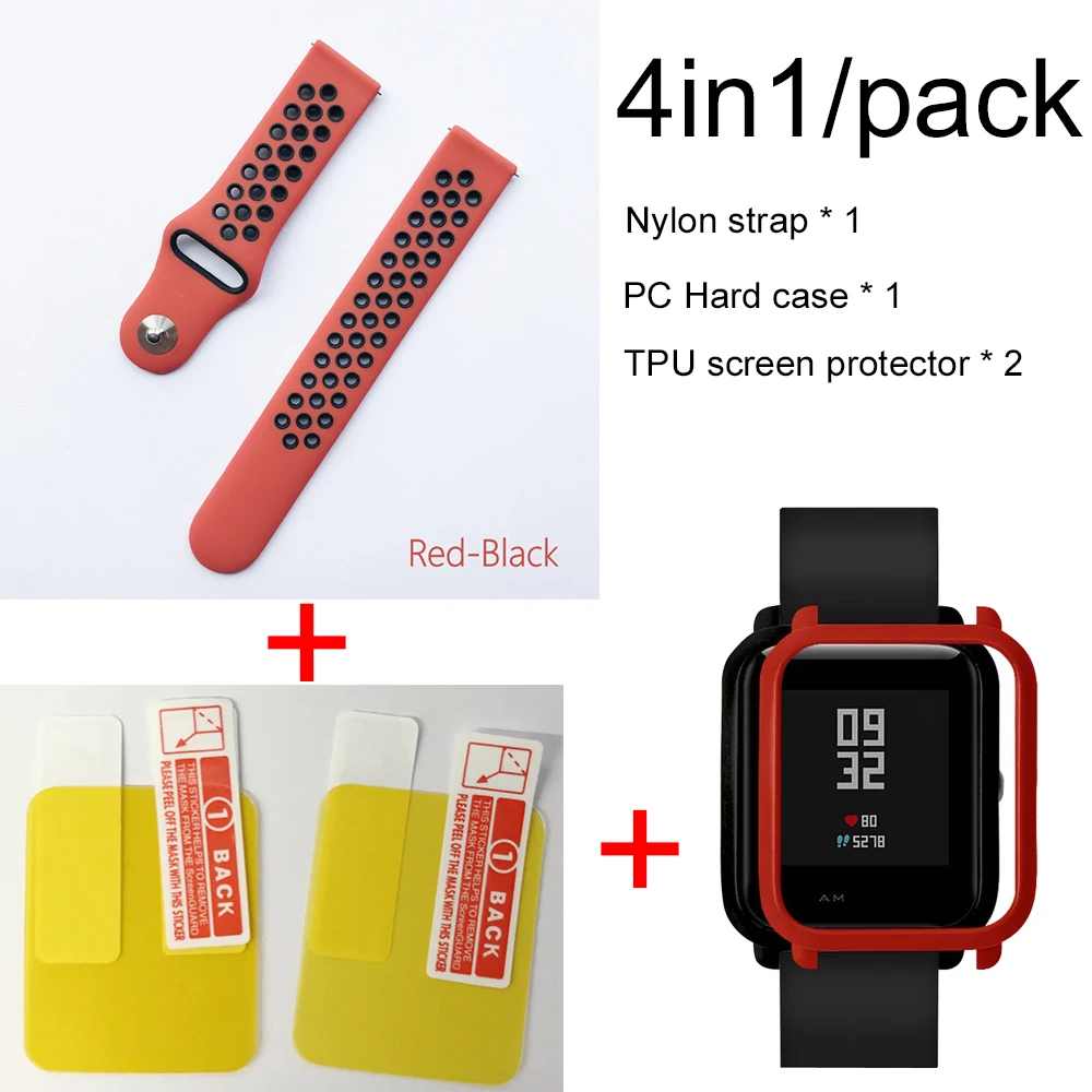 Red black-Red case 4в1 для Xiaomi Huami Amazfit ремешок Bip мягкий спортивный браслет из силикона Smartwatch Браслет с PC чехол Защита экрана - Цвет: Red black-Red case