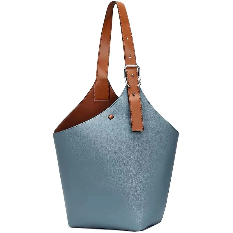 

Contrasting Color Balloon Bucket Bag Women Large Capacity Wide Shoulder Strap Genuine Leather Women Shoulder Tote Handbag