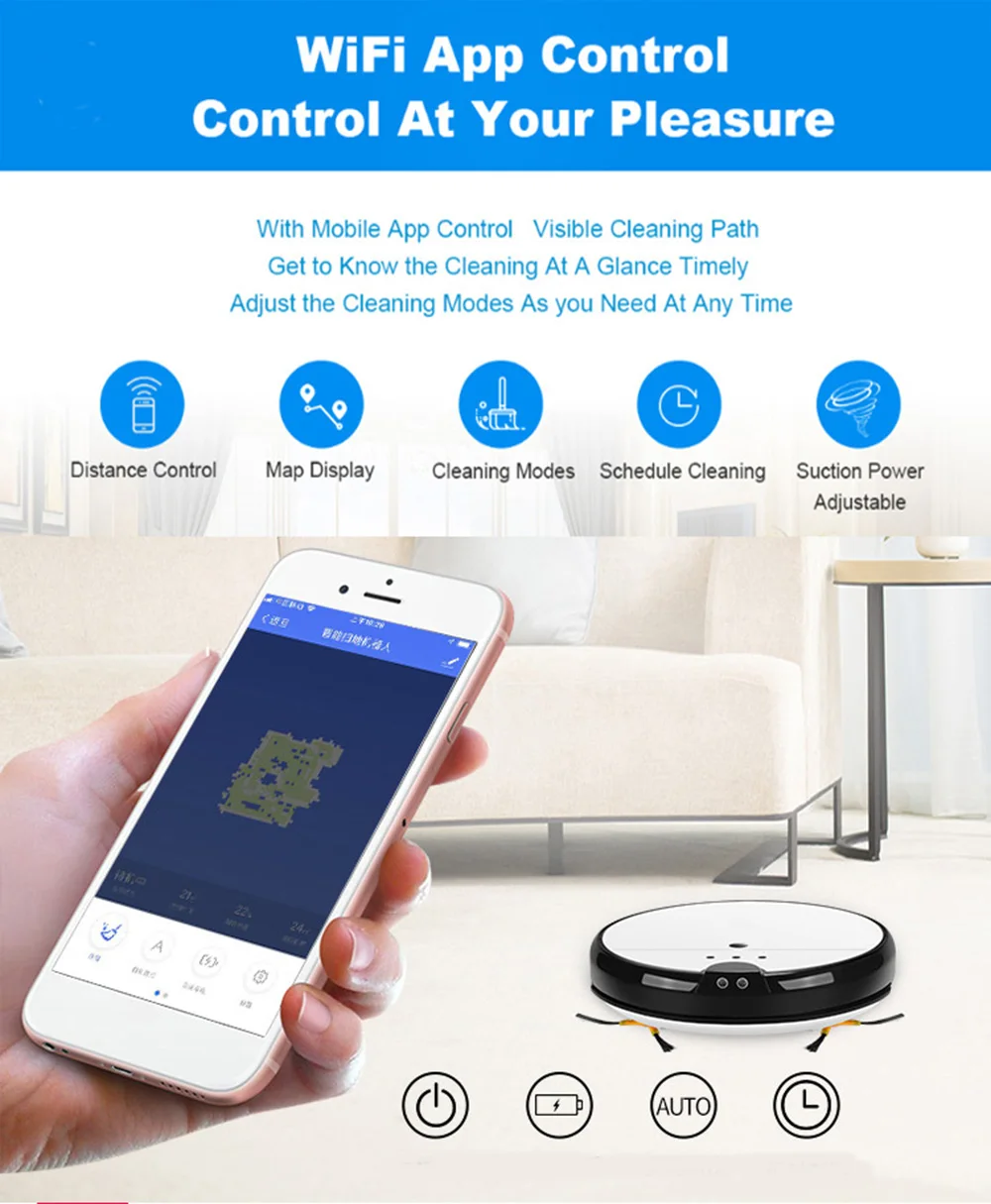 Робот пылесос 3000 Pa сильный втягивающий аспиратор Wi-Fi подключение работает для
