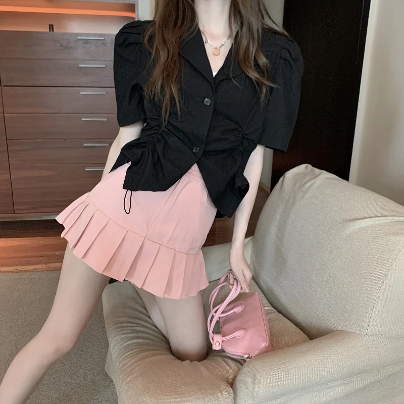 Черная рубашка во французском стиле популярный костюм для девочек летняя