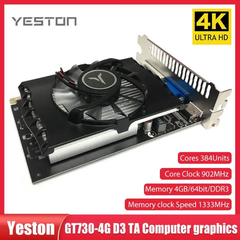 

2021 Yeston GT730 4G DDR3 видеокарта Nvidia Паскаль 902-1333 МГц 4G/DDR3/64 бит HD + VGA + DVI порты GK208/28nm для игр