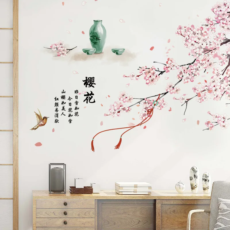

121*85CM Cherry Blossom Wall Stickers Flower Living Room Bedroom Wall Decal Retro Poster Self Adhesive Wallpaper Home Decoration