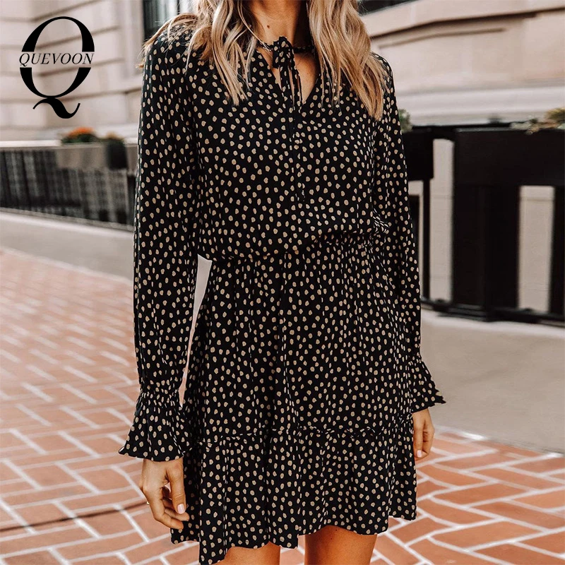 

QUEVOON Polka Dot Black Elegant Women Dreeees Lantern Sleeve Aline Elastic Waist Ruffle Midi Dress Ladies Spring 2021 Outfits