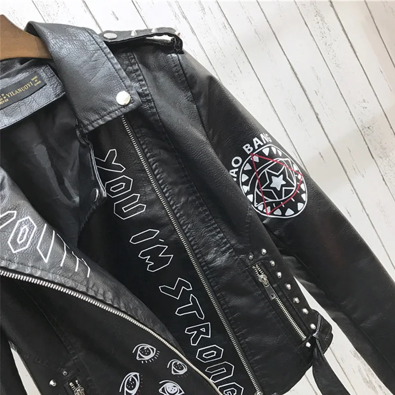2020 New Autumn Women Winter Faux Soft Leather Jackets Coats Lady Black PU Rivet Zipper Epaulet 3D print Motorcycle Streetwear enlarge
