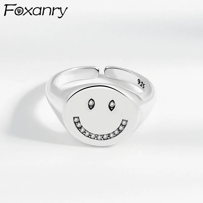

FOXANRY Silver Color Finger Rings for Women New Trendy Elegant Simple Sparkling Smiley Face Zircon Birthday Party Jewelry