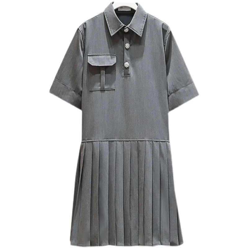 

4XL Plus Size Women Solid Color Pleated Dress Summer 2021 Turn-down Collar Short Sleeve Diamond Buttons Loose Casual Dresses