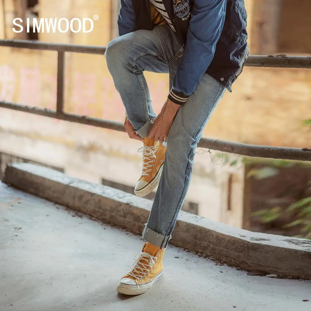 Мужские джинсы SIMWOOD, стильные брюки из джинсовой ткани с боковыми полосами, джинсы плюс-сайз с необработанными краями на сезон осень-зима, 190403