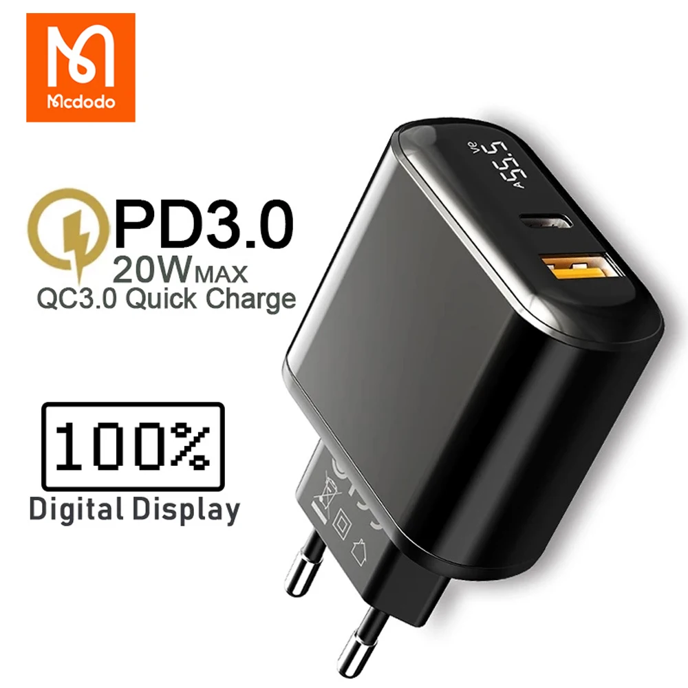 

Mcdodo EU Plug 20W PD Type C 2 Ports Fast Charger QC 3.0 USB SCP Digital Display Charge for Macbook Tablet Mobile Phone Charging