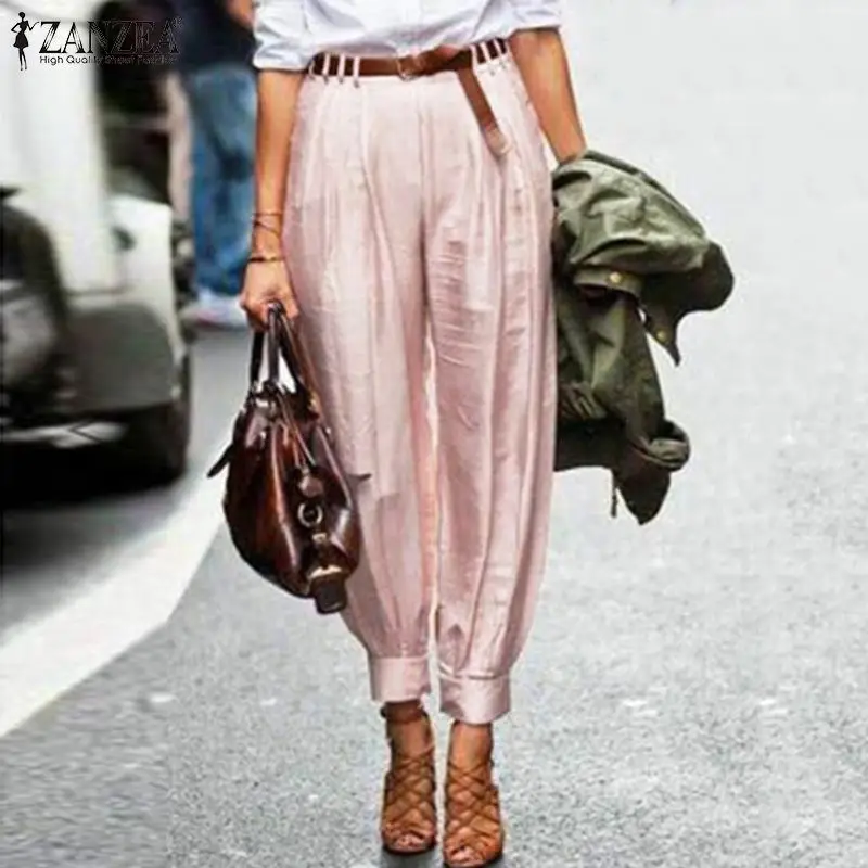 ZANZEA женские брюки фонарики с высокой талией элегантные однотонные офисные