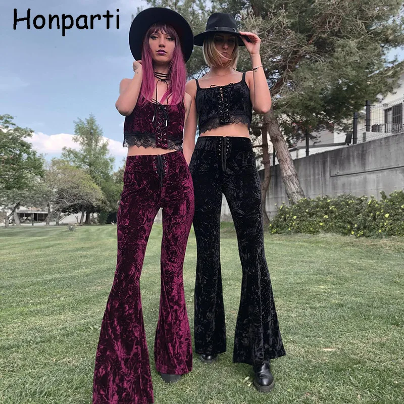 

Drawstring Punk Gothic Aesthetic Black Women Flare Pants Grunge Vintage Velour Harajuku High Waist Trousers Emo Streetwear