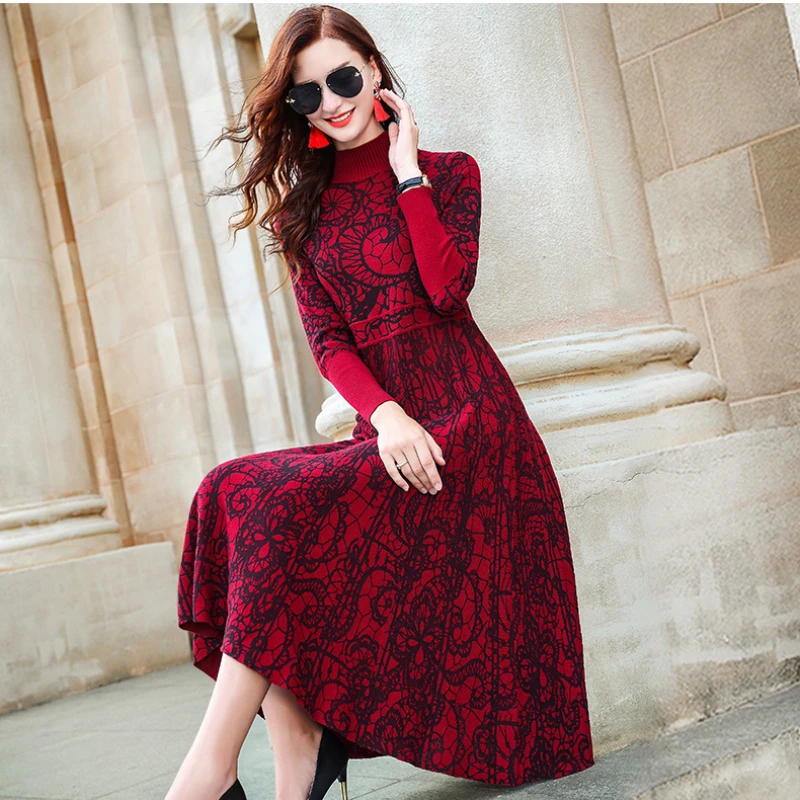 Red Autumn/winter 2021 New Turtle Neck Long Sleeve Cultivate One's Temperament Sweater Knitting Dress Knee-length Dress