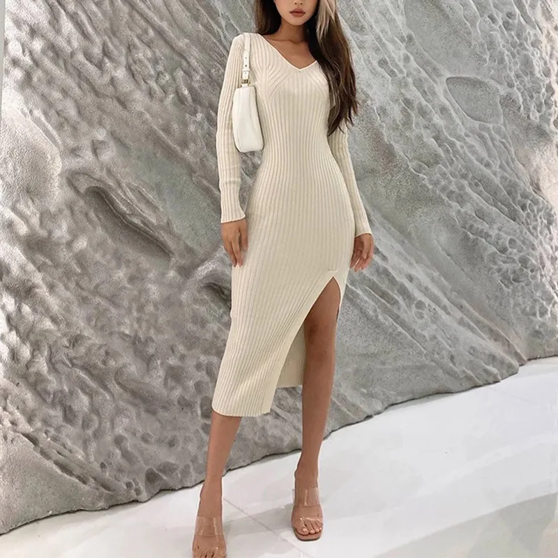 

2021 Autumn New Side Split Midi Hip Package Dresses Ladies Sexy Club Vestidos Women's Knitted Skinny Dress Long Sleeve V-neck
