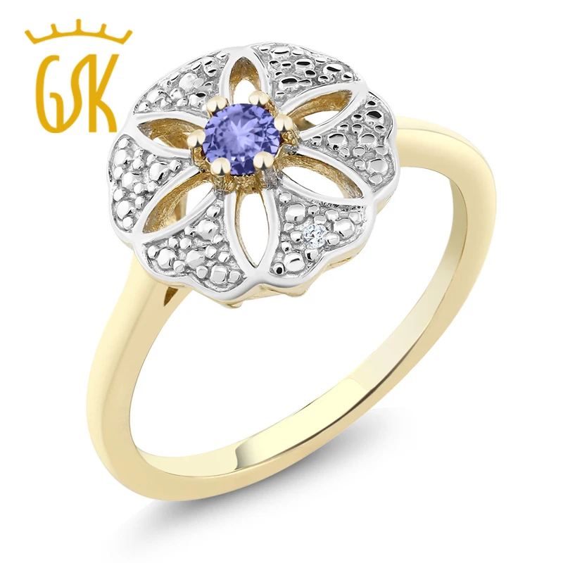 Серебряное кольцо с бриллиантом 18 K желтое золото синим танзанитом 0 12 cttw| |