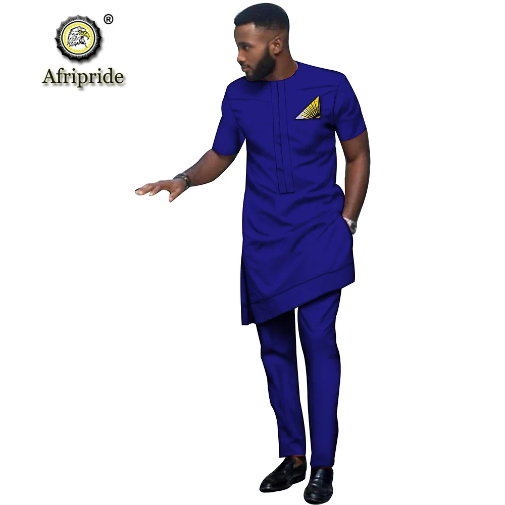 2019 African Men Clothing Tribal Outfit Printed Long Shirt Pant 2 Piece Set Dashiki Short Sleeve Tracksuit AFRIPRIDE S1916016