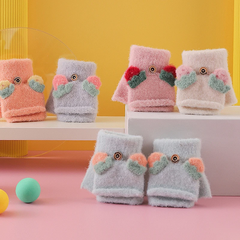 

Cute Cartoon Baby Gloves Kids Winter Knitted Mittens Gloves Thick Warm Half Finger Gloves Children Fingerless Mittens for Girls