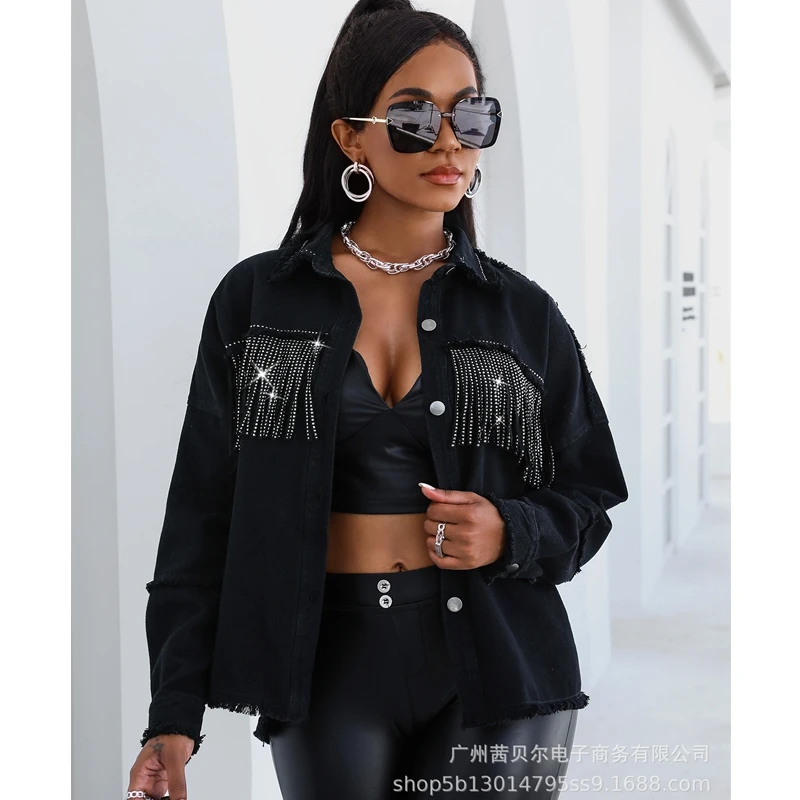 

WEPBEL Solid Color Slim-Fit Coat Women's Casual Long Sleeve Tassel Coat Summer Single Breasted Patchwork Turn-down Collar Coat