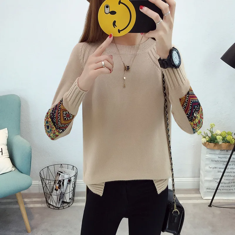 

Spring Autumn O-Neck Knitted Sweater Women 5 Color Jumper Ladies Vintage Patch Design Long Sleeve Knitting Pullovers Tops Female
