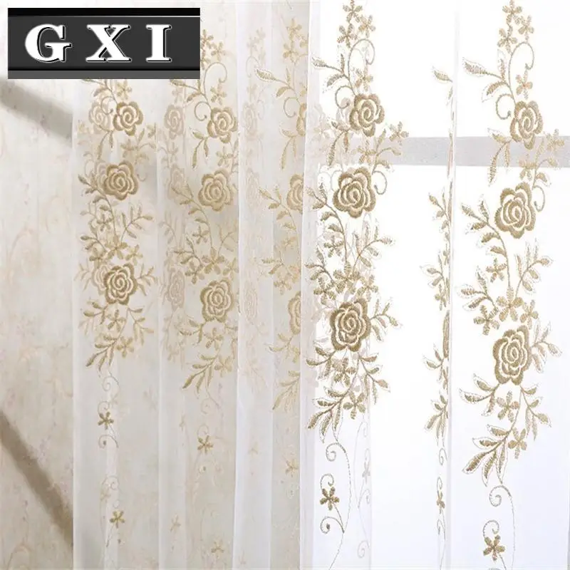 

GXI Luxury Gold Floral Sheer Curtains For Living Room Bedroom Kitchen Embroidery Tulle Window Screening Panel