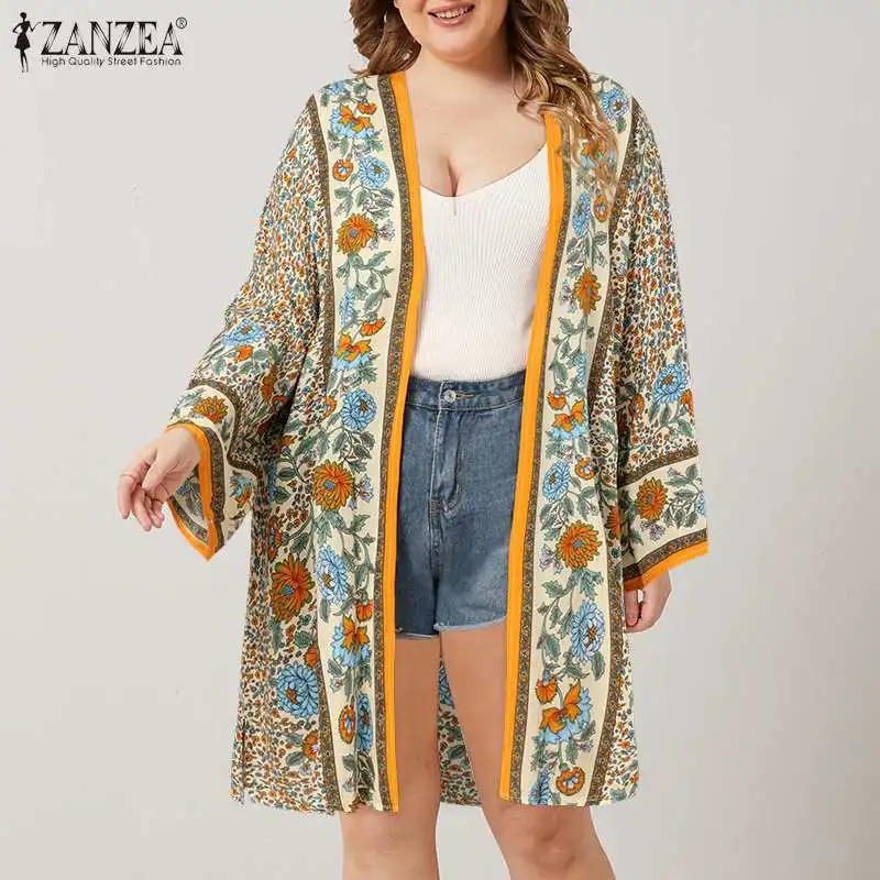 

ZANZEA Bohemian Floral Printed Blouse Elegant Open Front Beach Cardigan Summer Women Kimono Long Sleeve Shirt OL Tops Plus Size