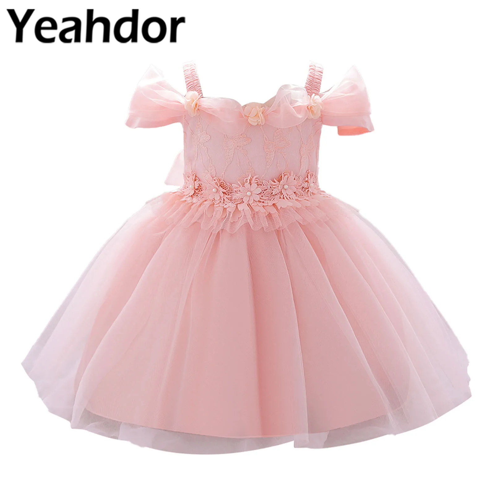 

Toddler Girls Boat Neck Embroidered Pearls Bowknot Mesh Tutu Dress Party Flower Girl Dress for Wedding Birthday Party Ball Gowns