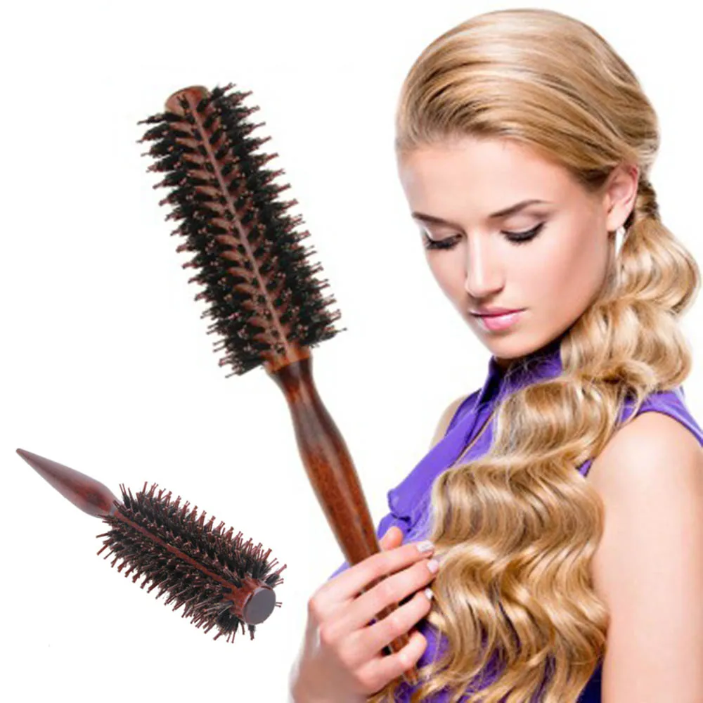 

Portable Women Hair Brush Comb Round Anti-static Curly Brush Natural Bristle Wood Handle Hair Styling Comb Hairdress Tools