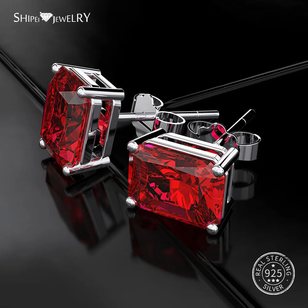RED Shipei создан сапфир серьги гвоздики 925 стерлингового серебра Eearings для женщин драгоценный камень серьги гвоздики Подарок на годовщину свадьбы - Цвет камня: RED