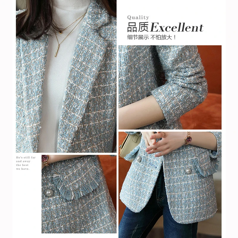 Autumn Winter New Plaid Woolen Coat Retro Double-Breasted Pure Color Tweed Jacket Elegant Women's Blazers Jacket s1267