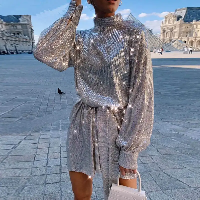 Женское мини платье с длинным рукавом и блестками|Женские платья| |